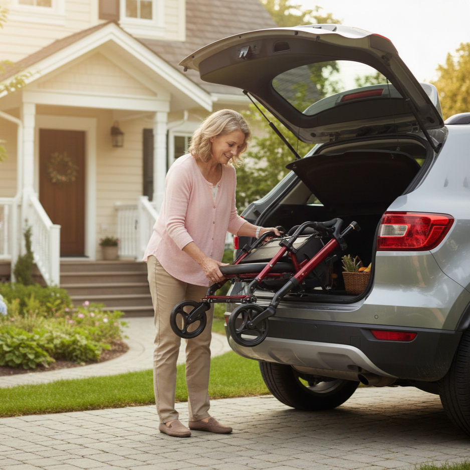 Woman loading a stroller into the trunk of a car in front of a house.