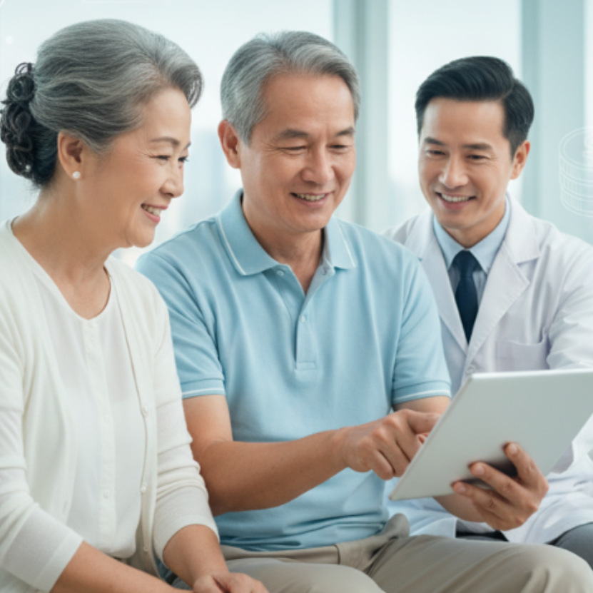 Doctor showing a tablet to an elderly couple in a bright room.